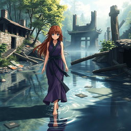 An anime-style karate girl with brown hair, wearing a striking purple and black dress, is depicted gracefully walking through a beautifully ruined river landscape