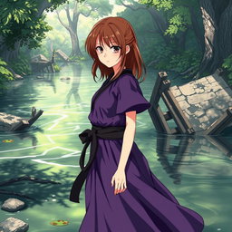 An anime-style karate girl with brown hair, wearing a striking purple and black dress, is depicted gracefully walking through a beautifully ruined river landscape