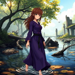 An anime-style karate girl with brown hair, wearing a striking purple and black dress, is depicted gracefully walking through a beautifully ruined river landscape