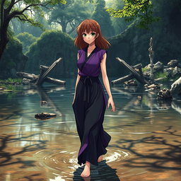An anime-style karate girl with brown hair, wearing a striking purple and black dress, is depicted gracefully walking through a beautifully ruined river landscape
