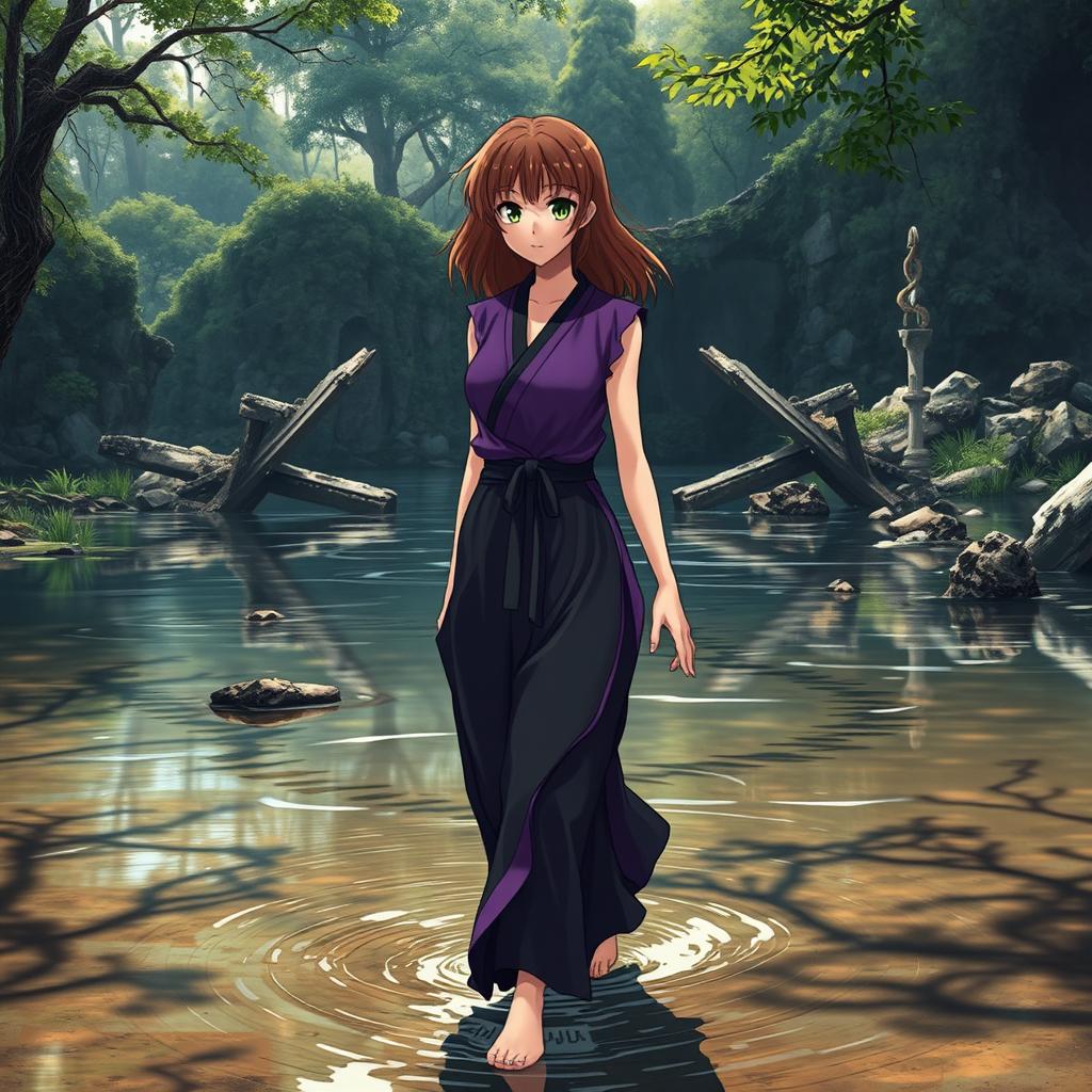 An anime-style karate girl with brown hair, wearing a striking purple and black dress, is depicted gracefully walking through a beautifully ruined river landscape