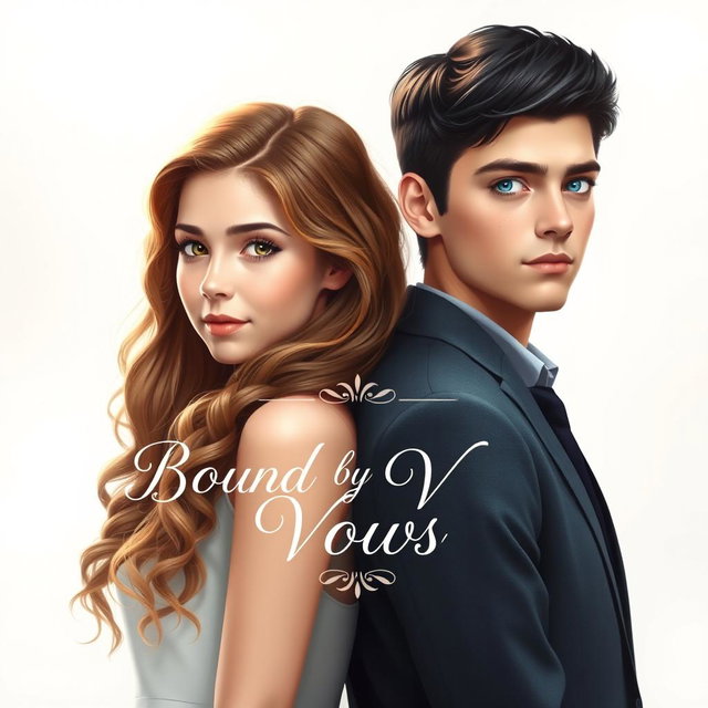 A thoughtful and artistic depiction of a 20-year-old boy with sleek black hair and bright blue eyes standing back to back with an 18-year-old girl who has long, curly light brown hair and striking green eyes