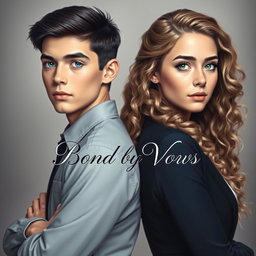 A thoughtful and artistic depiction of a 20-year-old boy with sleek black hair and bright blue eyes standing back to back with an 18-year-old girl who has long, curly light brown hair and striking green eyes