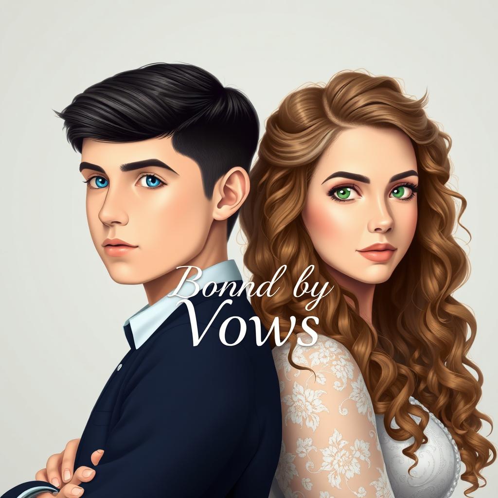 A thoughtful and artistic depiction of a 20-year-old boy with sleek black hair and bright blue eyes standing back to back with an 18-year-old girl who has long, curly light brown hair and striking green eyes