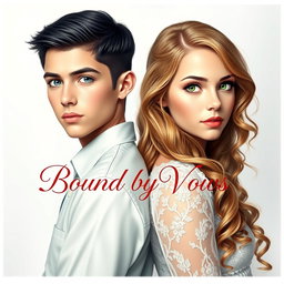 A thoughtful and artistic depiction of a 20-year-old boy with sleek black hair and bright blue eyes standing back to back with an 18-year-old girl who has long, curly light brown hair and striking green eyes