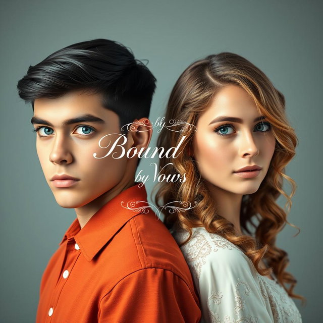 A captivating portrayal of a 20-year-old boy with sleek black hair and bright blue eyes standing back to back with an 18-year-old girl featuring long, curly light brown hair and mesmerizing green eyes