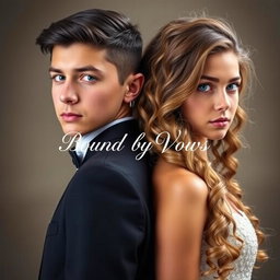 A captivating portrayal of a 20-year-old boy with sleek black hair and bright blue eyes standing back to back with an 18-year-old girl featuring long, curly light brown hair and mesmerizing green eyes