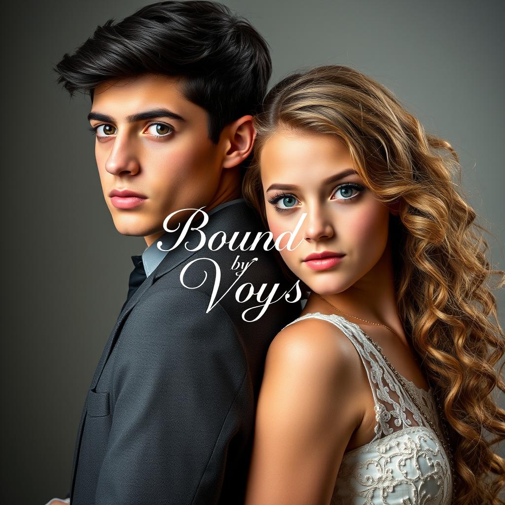 A captivating portrayal of a 20-year-old boy with sleek black hair and bright blue eyes standing back to back with an 18-year-old girl featuring long, curly light brown hair and mesmerizing green eyes