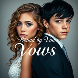 A captivating portrayal of a 20-year-old boy with sleek black hair and bright blue eyes standing back to back with an 18-year-old girl featuring long, curly light brown hair and mesmerizing green eyes