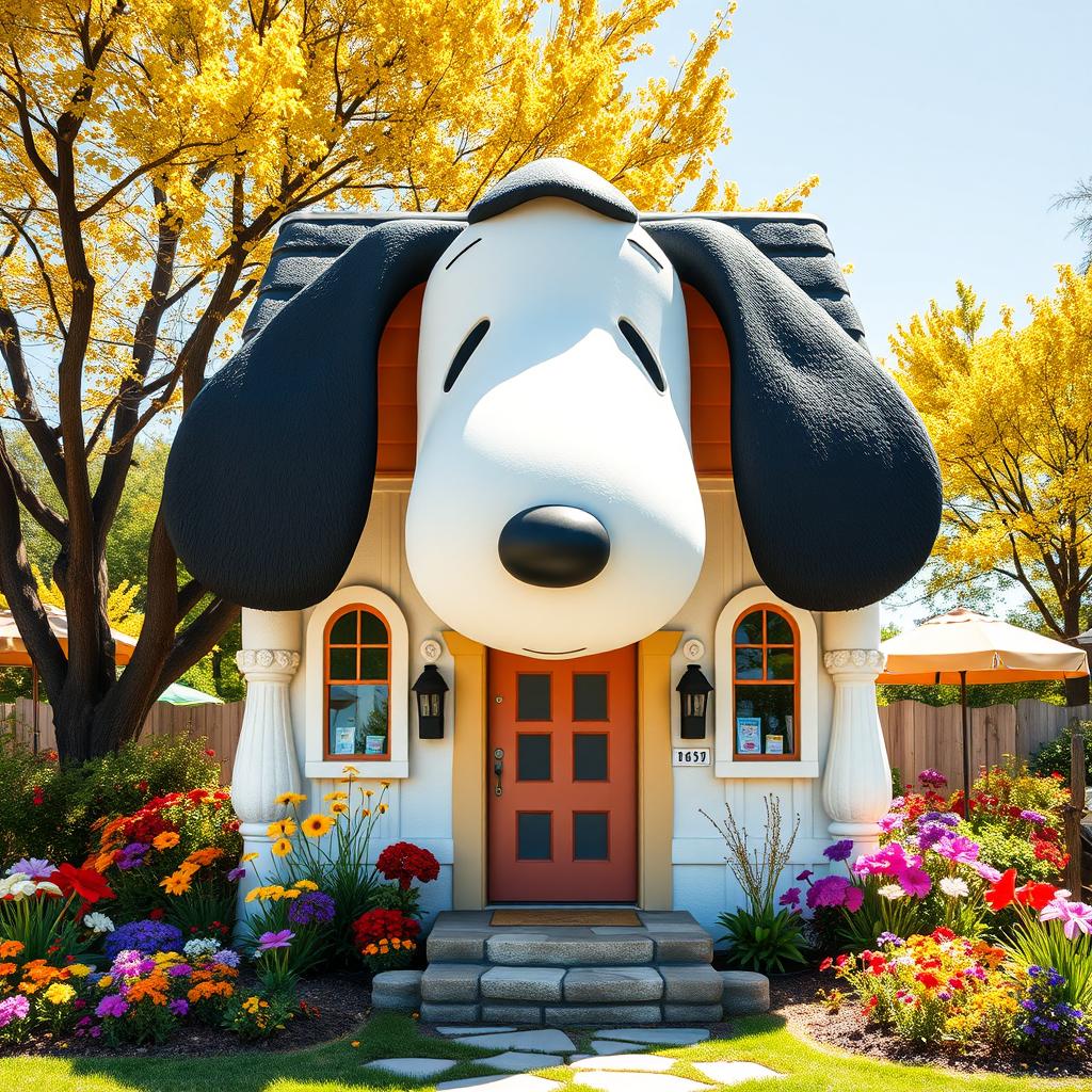 A whimsical front view of a house completely designed in the shape of Snoopy's head