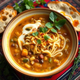A beautiful and inviting bowl of Ash Reshteh, an Iranian noodle soup made with various herbs, legumes, and noodles, topped with a drizzle of kashk (fermented whey) and adorned with crispy fried onions and fresh mint