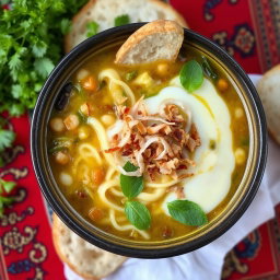 A beautiful and inviting bowl of Ash Reshteh, an Iranian noodle soup made with various herbs, legumes, and noodles, topped with a drizzle of kashk (fermented whey) and adorned with crispy fried onions and fresh mint
