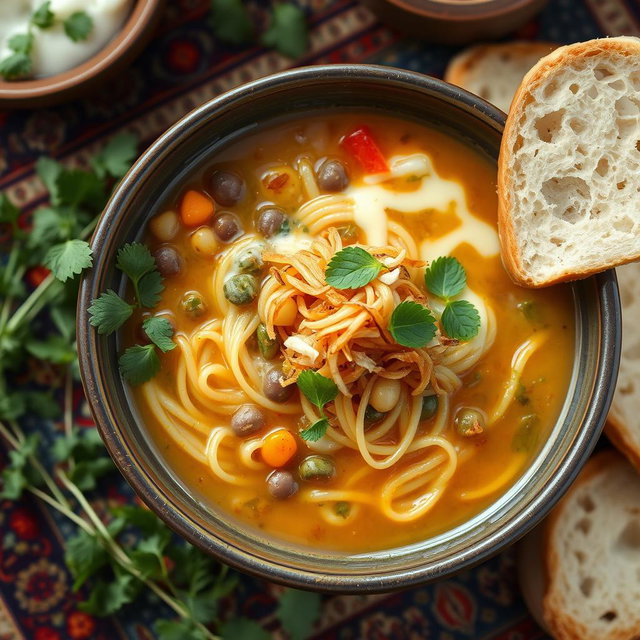 A beautiful and inviting bowl of Ash Reshteh, an Iranian noodle soup made with various herbs, legumes, and noodles, topped with a drizzle of kashk (fermented whey) and adorned with crispy fried onions and fresh mint