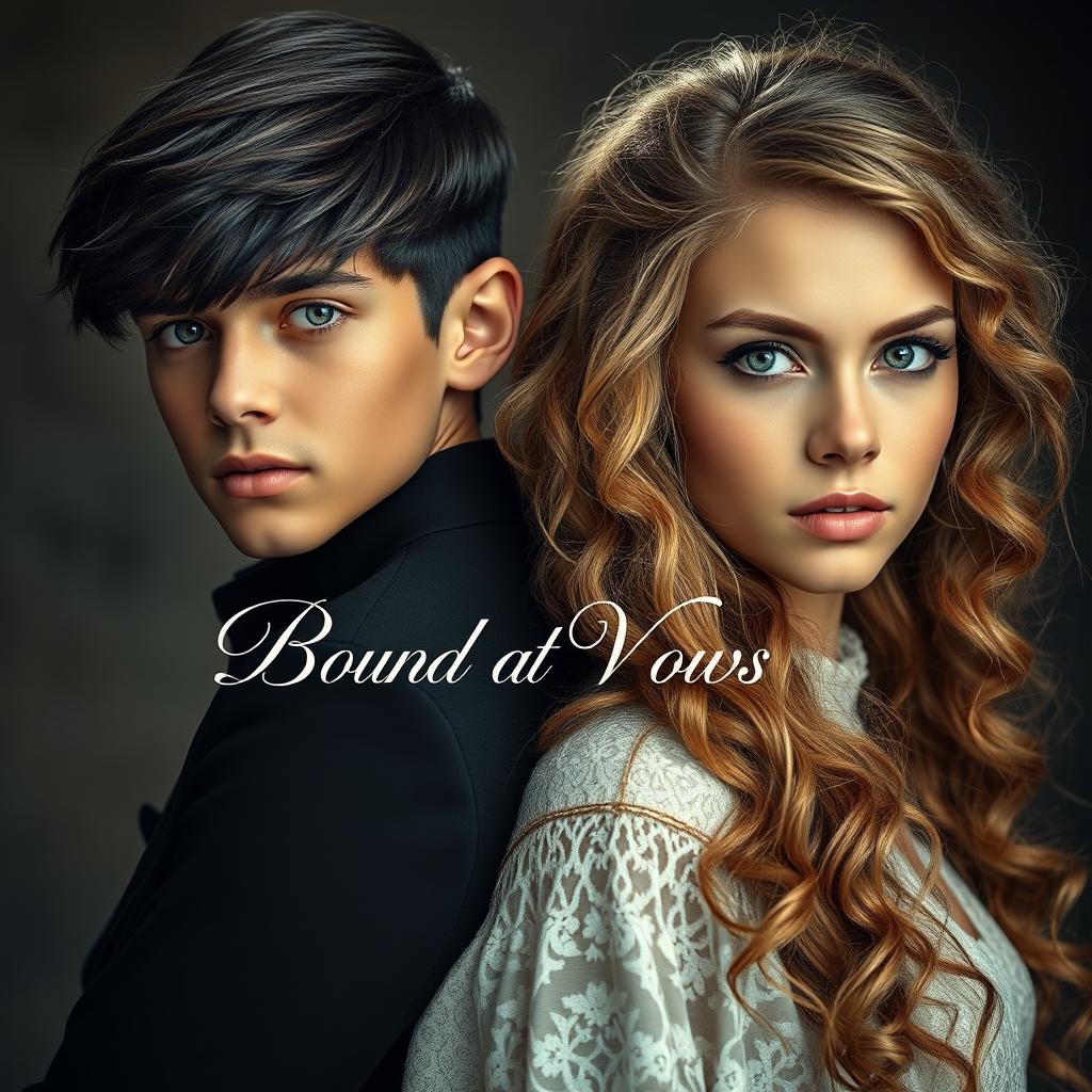 An evocative and striking image featuring a 20-year-old boy with glossy black hair and bright blue eyes standing back to back with an 18-year-old girl possessing long, curly light brown hair and enchanting green eyes