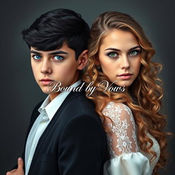 An evocative and striking image featuring a 20-year-old boy with glossy black hair and bright blue eyes standing back to back with an 18-year-old girl possessing long, curly light brown hair and enchanting green eyes