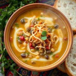 A beautiful and inviting bowl of Ash Reshteh, an Iranian noodle soup made with various herbs, legumes, and noodles, topped with a drizzle of kashk (fermented whey) and adorned with crispy fried onions and fresh mint