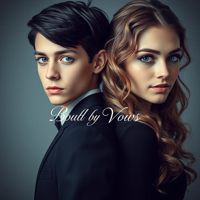 An evocative and striking image featuring a 20-year-old boy with glossy black hair and bright blue eyes standing back to back with an 18-year-old girl possessing long, curly light brown hair and enchanting green eyes
