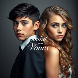 An evocative and striking image featuring a 20-year-old boy with glossy black hair and bright blue eyes standing back to back with an 18-year-old girl possessing long, curly light brown hair and enchanting green eyes