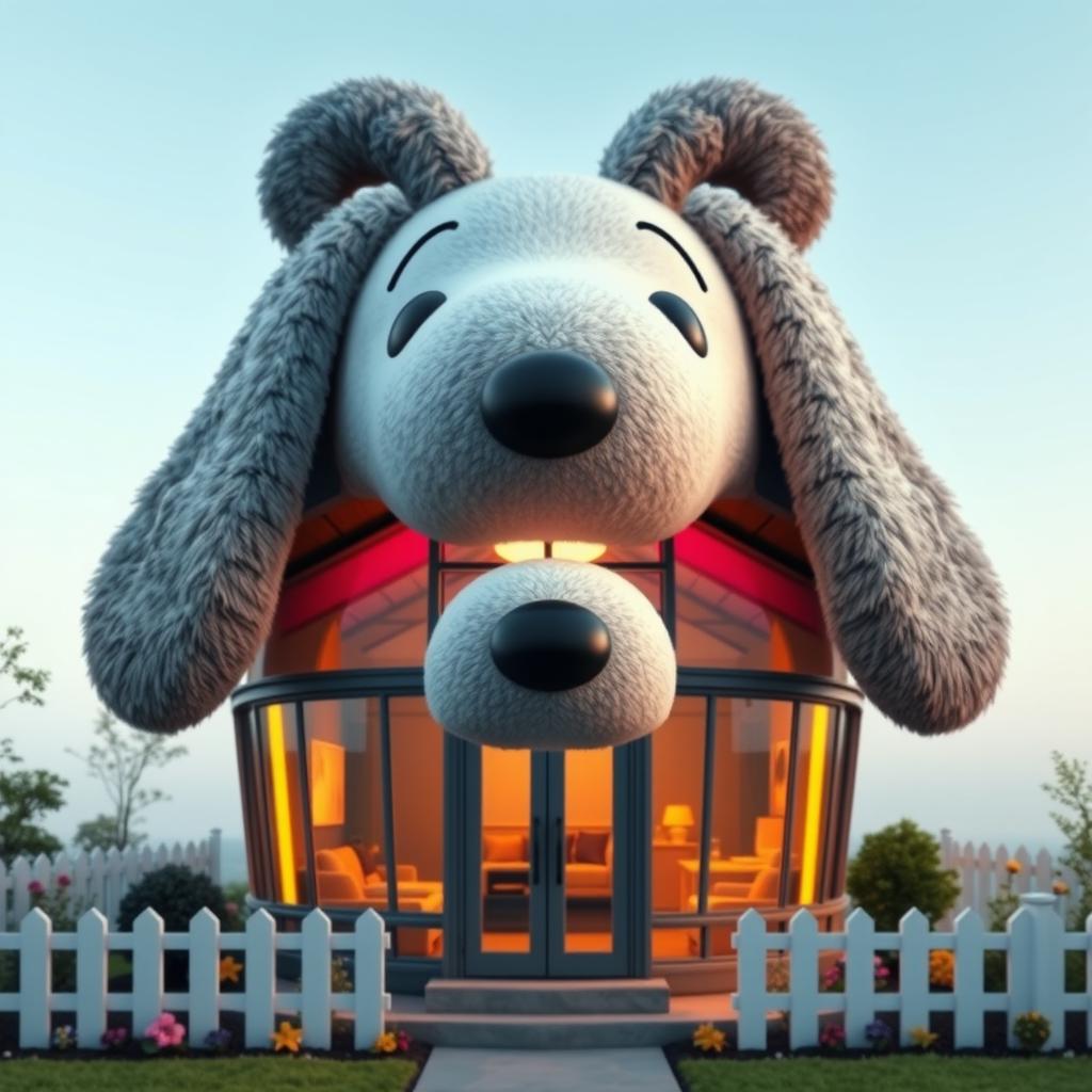 A whimsical architectural design of a house that is entirely shaped like Snoopy's head, viewed from the front
