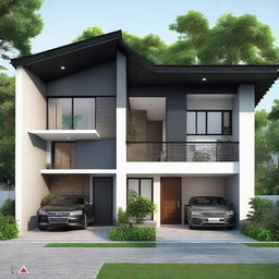 Generate a cozy, black house with a 6x6 meter floor area, divided between a garage and a functional space including a kitchen, living room, and bathroom. Include a second floor of equal size housing two bedrooms, attached to a spacious balcony.