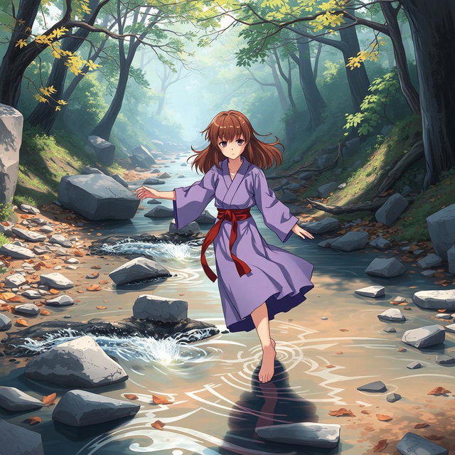Anime-style illustration of a karate girl with brown hair and a purple dress, depicted as she walks through a ruined river