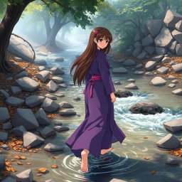 Anime-style illustration of a karate girl with brown hair and a purple dress, depicted as she walks through a ruined river