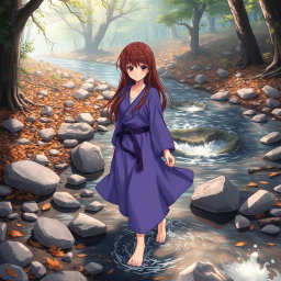 Anime-style illustration of a karate girl with brown hair and a purple dress, depicted as she walks through a ruined river