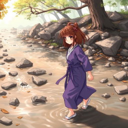 Anime-style illustration of a karate girl with brown hair and a purple dress, depicted as she walks through a ruined river