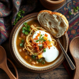 A beautifully arranged plate of traditional Iranian Ash Reshteh, a hearty noodle soup, served in a rustic bowl