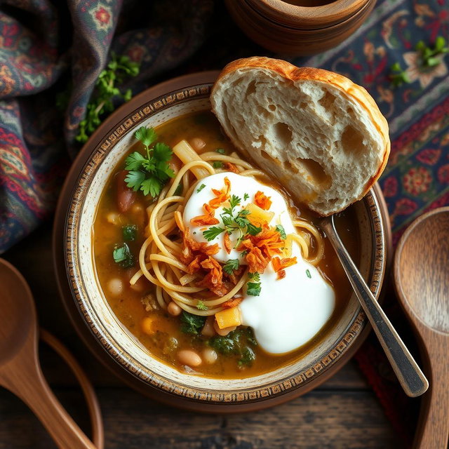 A beautifully arranged plate of traditional Iranian Ash Reshteh, a hearty noodle soup, served in a rustic bowl