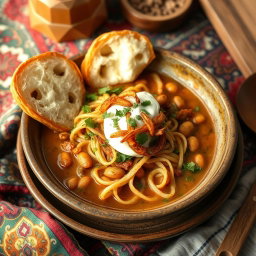 A beautifully arranged plate of traditional Iranian Ash Reshteh, a hearty noodle soup, served in a rustic bowl