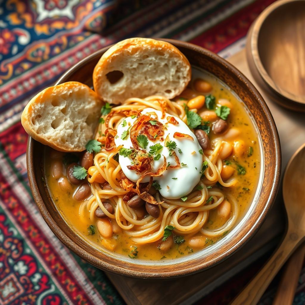 A beautifully arranged plate of traditional Iranian Ash Reshteh, a hearty noodle soup, served in a rustic bowl