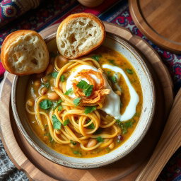 A beautifully arranged plate of traditional Iranian Ash Reshteh, a hearty noodle soup, served in a rustic bowl