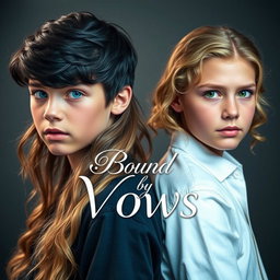 A beautiful and striking image featuring an 18-year-old boy with glossy black hair and radiant blue eyes standing back to back with an 18-year-old girl, who has long, curly light brown hair and captivating green eyes