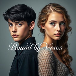 A beautiful and striking image featuring an 18-year-old boy with glossy black hair and radiant blue eyes standing back to back with an 18-year-old girl, who has long, curly light brown hair and captivating green eyes