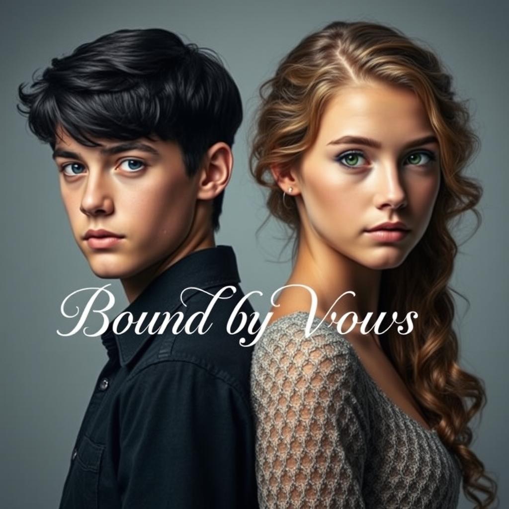 A beautiful and striking image featuring an 18-year-old boy with glossy black hair and radiant blue eyes standing back to back with an 18-year-old girl, who has long, curly light brown hair and captivating green eyes