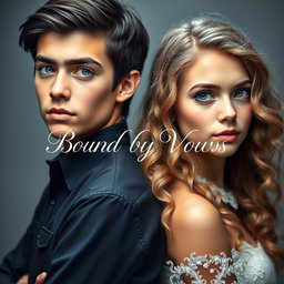A beautiful and striking image featuring an 18-year-old boy with glossy black hair and radiant blue eyes standing back to back with an 18-year-old girl, who has long, curly light brown hair and captivating green eyes