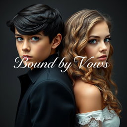 A beautiful and striking image featuring an 18-year-old boy with glossy black hair and radiant blue eyes standing back to back with an 18-year-old girl, who has long, curly light brown hair and captivating green eyes