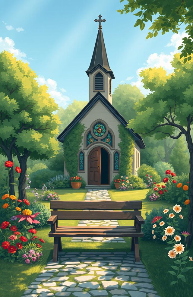 An artistic representation of a quaint chapel nestled in a serene landscape, surrounded by lush greenery and vibrant flowers