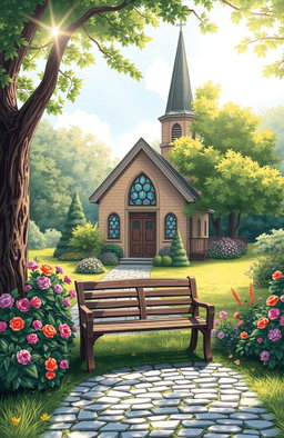 An artistic representation of a quaint chapel nestled in a serene landscape, surrounded by lush greenery and vibrant flowers