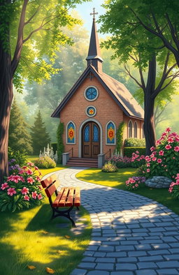 An artistic representation of a quaint chapel nestled in a serene landscape, surrounded by lush greenery and vibrant flowers