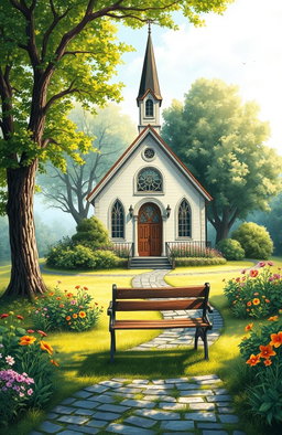 An artistic representation of a quaint chapel nestled in a serene landscape, surrounded by lush greenery and vibrant flowers