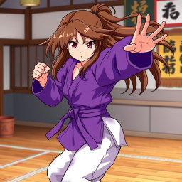 Anime-style illustration of a karate girl with brown hair, dressed in a vibrant purple karate gi