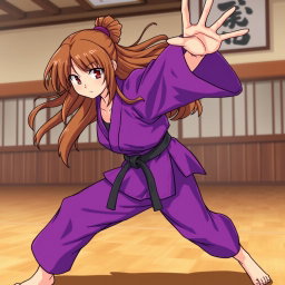 Anime-style illustration of a karate girl with brown hair, dressed in a vibrant purple karate gi