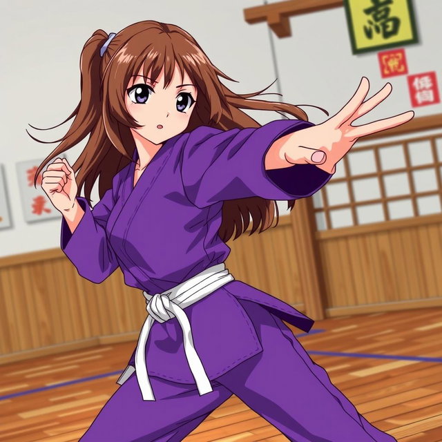Anime-style illustration of a karate girl with brown hair, dressed in a vibrant purple karate gi