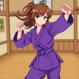 Anime-style illustration of a karate girl with brown hair, dressed in a vibrant purple karate gi