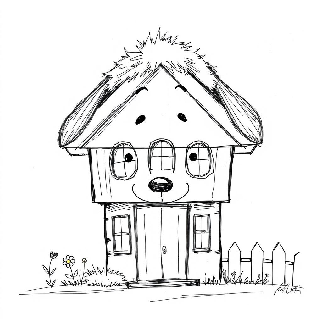 A sketch of a whimsical house entirely designed to resemble Snoopy's head, viewed from the front