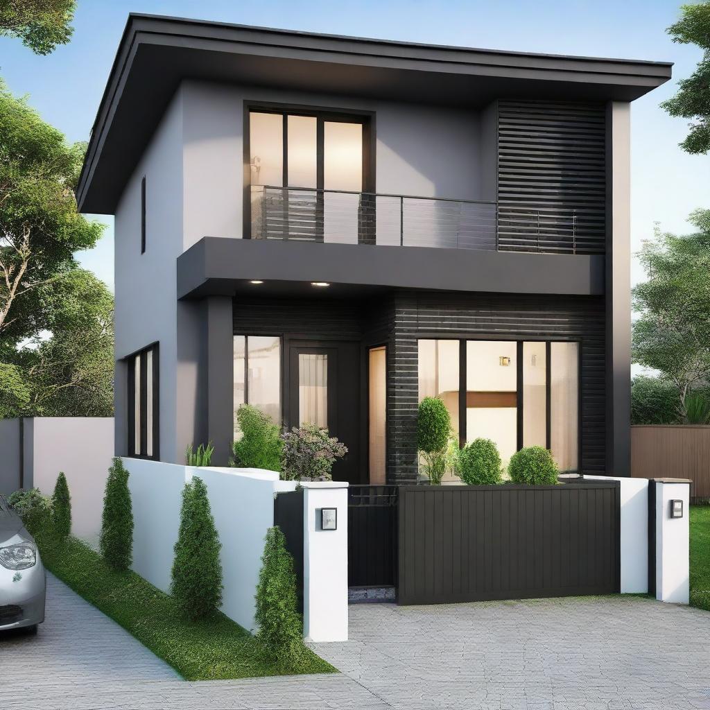 Generate a cozy, black house with a 6x6 meter floor area, divided between a garage and a functional space including a kitchen, living room, and bathroom. Include a second floor of equal size housing two bedrooms, attached to a spacious balcony.