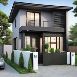 Generate a cozy, black house with a 6x6 meter floor area, divided between a garage and a functional space including a kitchen, living room, and bathroom. Include a second floor of equal size housing two bedrooms, attached to a spacious balcony.