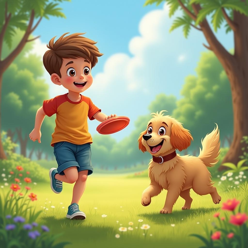 A charming scene featuring a young boy with bright eyes and a joyful smile, playing with his lovely pet dog in a sunny park